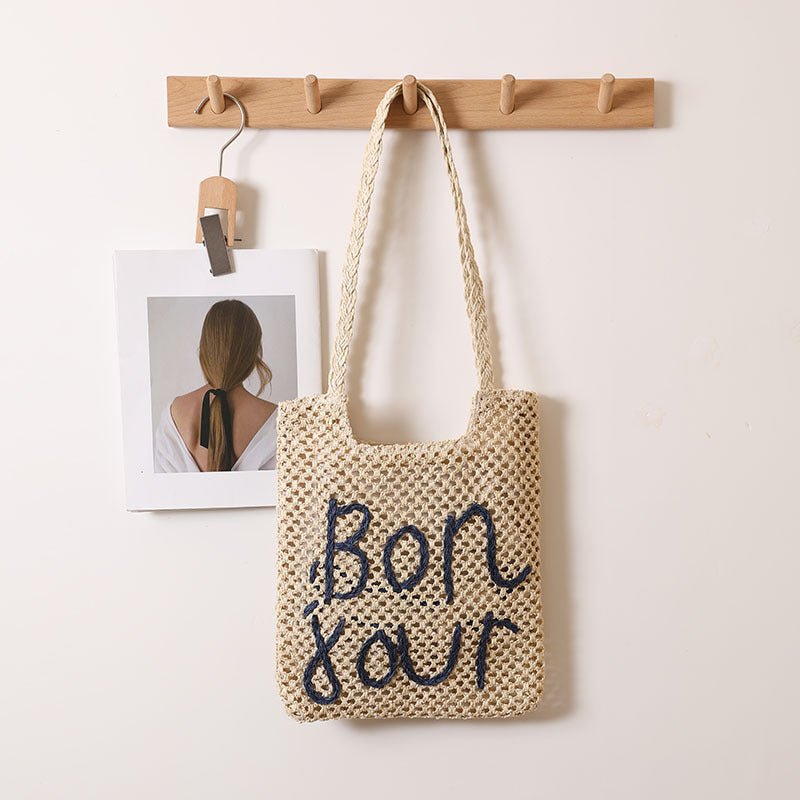 Letter Graphic Embroidery One Shoulder Straw Bag Hollow Out Cutout out Straw Bag Woven Bag Vacation Beach Bag Women Bag Bella Mia